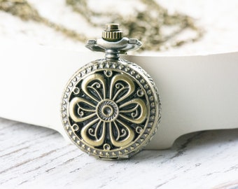 Flower Bronze Pocket Watch Long Necklace / Unique Watches / Nature Inspired Jewelry