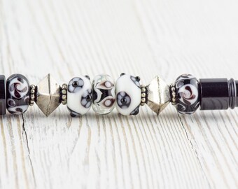 Black and White Beaded Metal Ballpoint Pen with Lampwork Glass Beads • Refillable