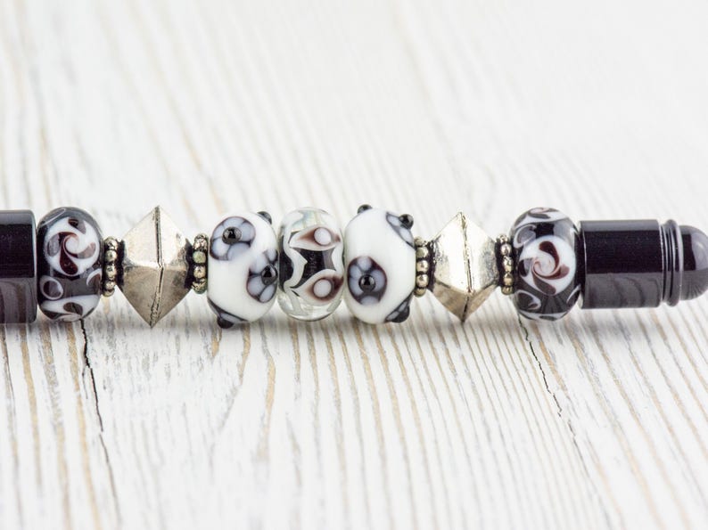 Black and White Beaded Metal Ballpoint Pen with Lampwork Glass Beads • Refillable image 1