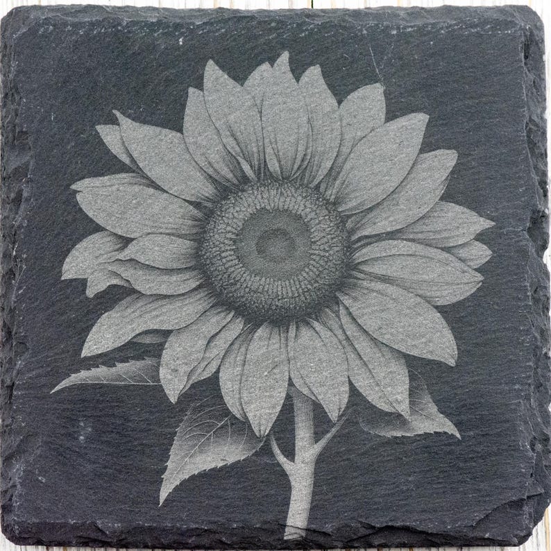 K&ouml;nnte beinhalten: Ein schwarzes und wei&szlig;es, graviertes Bild einer Sonnenblume auf einem schwarzen Schieferuntersetzer.