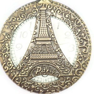 Eiffel Tower Pocket Watch Necklace, Large Watch, Antique Bronze, Long Necklace Watch, Bronze Pocket Watch, Ladies Pocket Watch