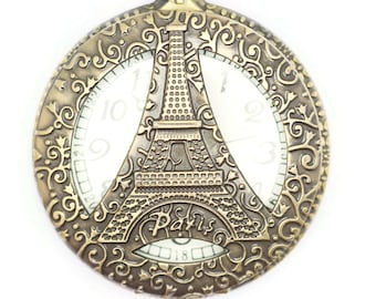 Eiffelturm Taschenuhr Halskette, große Uhr, antike Bronze, lange Halskette Uhr, Bronze Taschenuhr, Damen Taschenuhr
