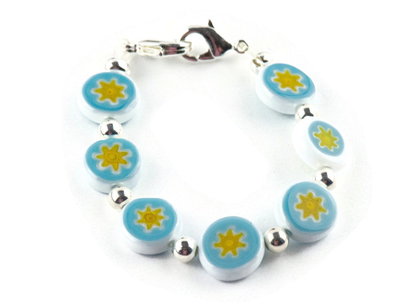 Blå & Gul Stjärna Glasmynt Utbytbart Stretchpärlat Klockarmband • Medicinskt ID-armband • Enkelt sträng • Handgjorda smycken bild 1
