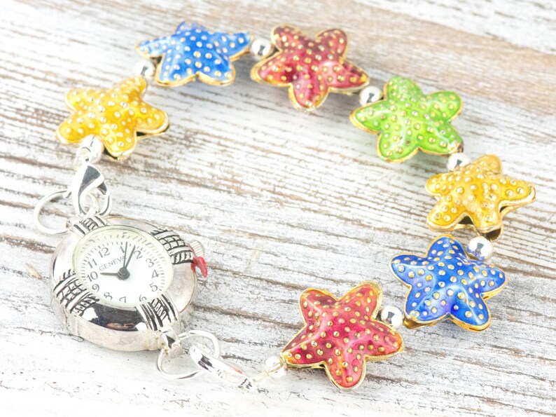 Correa de reloj con cuentas elásticas intercambiables de mezcla de estrellas de mar cloisonné • Pulsera de identificación médica • Correa de una sola hebra • Joyería de verano hecha a mano imagen 6