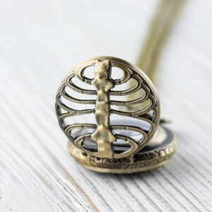 May include: A gold-toned necklace with a round pendant featuring a detailed ribcage design. The pendant is open and has a small glass window inside.
