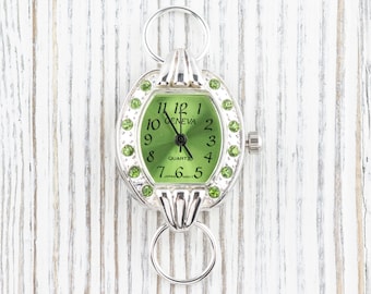 Reloj cuadrado plateado con esfera verde y incrustaciones de diamantes de imitación • Reloj para manualidades con cuentas • Creación de joyas • Analógico • Incluye bucles y batería