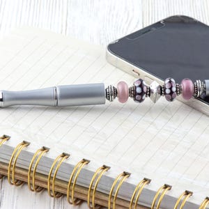 Lilac Love Beaded Silver Stylus Pen • Lampwork Glass Beads • Metal Ballpoint image 2