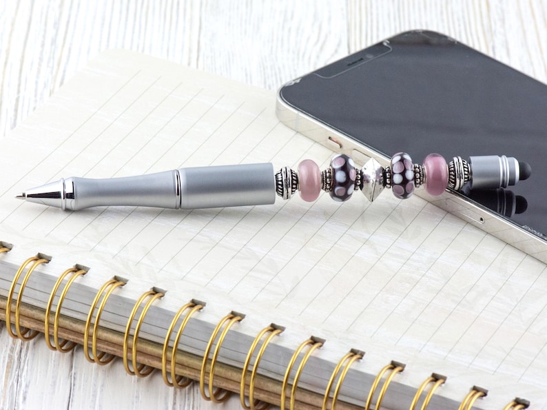 Lilac Love Beaded Silver Stylus Pen • Lampwork Glass Beads • Metal Ballpoint image 2