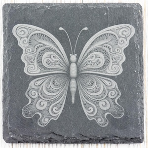 Butterfly #4 Black Slate Coaster • Laser Engraved Square Coasters • Rustic Home Decor • Housewarming Gift • Barware Coaster Set