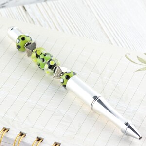 Green and Silver Beaded Metal Ballpoint Pen with Lampwork Glass Beads • Refillable image 3
