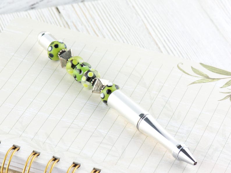 Green and Silver Beaded Metal Ballpoint Pen with Lampwork Glass Beads • Refillable image 3