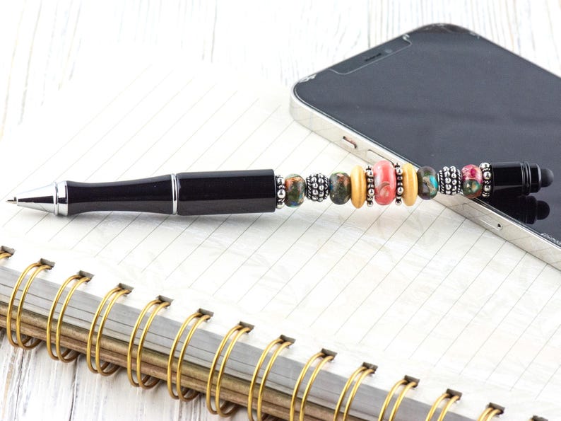 Mond über Miami Perlen Schwarz Stylus Pen • Lampwork Glasperlen • Metall Kugelschreiber Bild 2