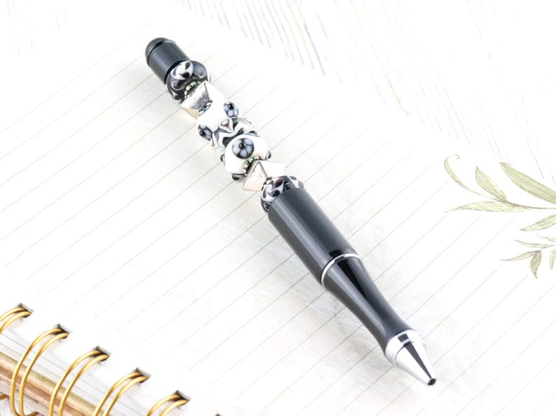 Black and White Beaded Metal Ballpoint Pen with Lampwork Glass Beads • Refillable image 3