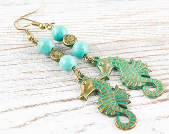 Nautical Seahorse Brass Earrings with Ocean Blue Patina • Turquoise Summer Jewelry