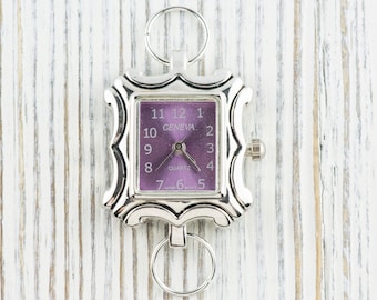 Purple Dial Silvertone Square Framed Watch Face • DIY Beading Watch • Jewelry Making • Analog • Loops and Battery Included