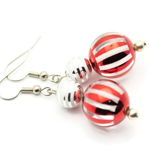 Striped Ornament, Red and Silver, Christmas Ornament, Glass Globe, Surgical Steel, Holiday Earrings, Christmas Earrings image 3