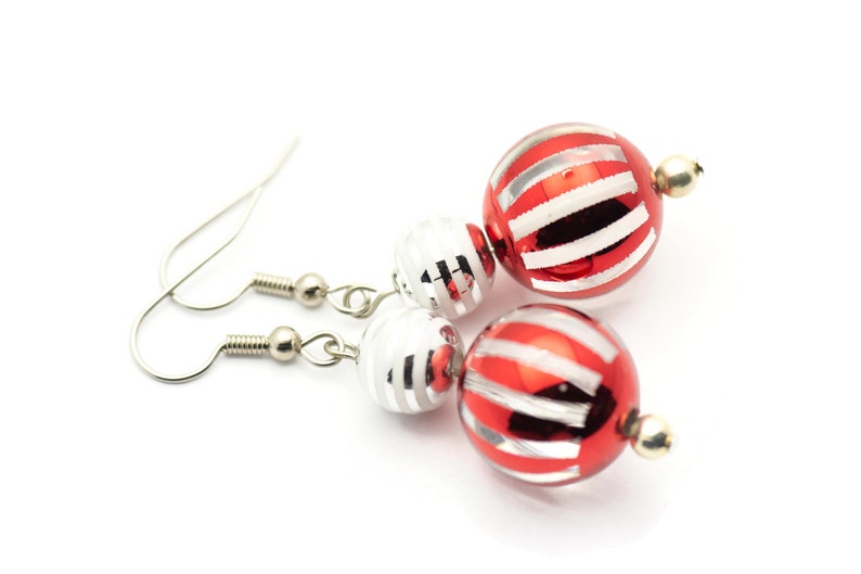 Striped Ornament, Red and Silver, Christmas Ornament, Glass Globe, Surgical Steel, Holiday Earrings, Christmas Earrings image 3