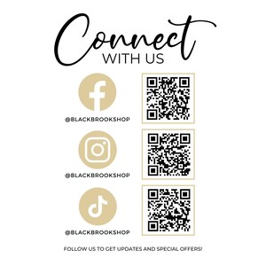 Puede incluir: Con&eacute;ctate con nosotros en las redes sociales. Un gr&aacute;fico con los logotipos de Facebook, Instagram y TikTok y c&oacute;digos QR para cada plataforma. El texto "@BLACKBROOKSHOP" est&aacute; debajo de cada logotipo. El texto "FOLLOW US TO GET UPDATES AND SPECIAL OFFERS!" est&aacute; en la parte inferior del gr&aacute;fico.