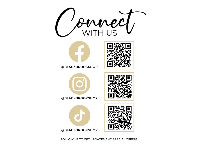 Puede incluir: Con&eacute;ctate con nosotros en las redes sociales. Un gr&aacute;fico con los logotipos de Facebook, Instagram y TikTok y c&oacute;digos QR para cada plataforma. El texto "@BLACKBROOKSHOP" est&aacute; debajo de cada logotipo. El texto "FOLLOW US TO GET UPDATES AND SPECIAL OFFERS!" est&aacute; en la parte inferior del gr&aacute;fico.