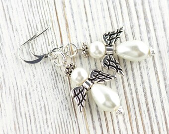 Pendientes de ángel navideño blanco, pendientes plateados hechos a mano, joyería de ángel