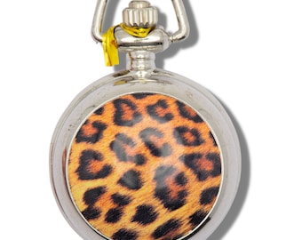 Leopard Print Porzellan, Silberfarbene Taschenuhr Halskette, Kette Halskette Uhr, Lange Halskette Uhr, Uhr Medaillon Halskette