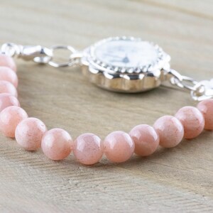 Pink Flake Moonstone Stretch Beaded Watch Band, Medical Alert Bracelet, Single Strand, Interchangeable, Handmade Jewelry 画像 3