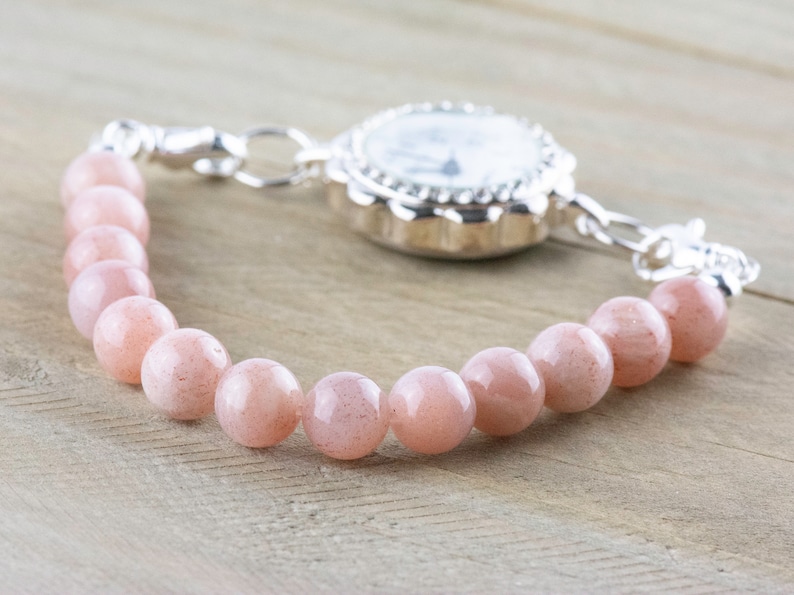 Pink Flake Moonstone Stretch Beaded Watch Band, Medical Alert Bracelet, Single Strand, Interchangeable, Handmade Jewelry 画像 3
