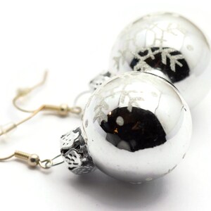 Christmas Ornament Earrings, Snowflakes, Mini Glass Ornaments, Holiday Earrings, Festive Earrings, Glitter Balls image 2