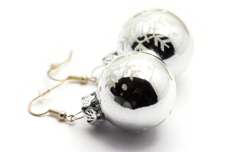 Christmas Ornament Earrings, Snowflakes, Mini Glass Ornaments, Holiday Earrings, Festive Earrings, Glitter Balls image 2