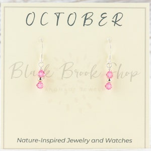 Örhängen med oktobers födelsesten, present till oktoberörhängen, minimalistiska Swarovski-örhängen, rosa Swarovski-örhängen, födelsedagsörhängen bild 1