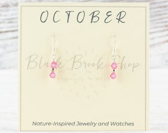 Pendientes con piedra de nacimiento de octubre, regalo de pendientes de octubre, pendientes minimalistas de Swarovski, pendientes de Swarovski rosa, pendientes de cumpleaños