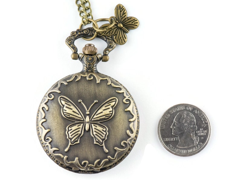 Fjärilsberlock i brons fickur långt halsband / Unika klockor / Naturinspirerade smycken / Stort fickur bild 4