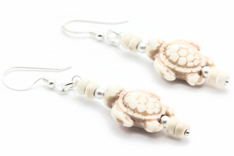 Turtle Sterling Silver Drop Earrings, White Stone, Summer Jewelry image 2