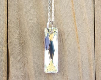 Crystal AB Queen Baguette Pendant Necklace • Long .925 Sterling Silver Chain Necklace • Handmade Minimalist Jewelry • Gift for Her