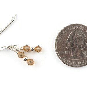 May include: Silver dangle earrings with a small cluster of brown crystal beads. The earrings are about the size of a UK 20 pence coin.