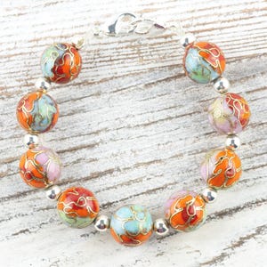 Cloisonné Runt Orange Mix Utbytbart Klockarmband med Stretchpärlor • Armband för Medicinsk ID • Enkelt sträng • Handgjorda smycken bild 1