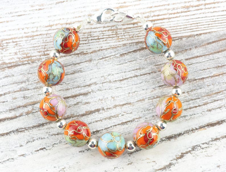 Cloisonné Runt Orange Mix Utbytbart Klockarmband med Stretchpärlor • Armband för Medicinsk ID • Enkelt sträng • Handgjorda smycken bild 1