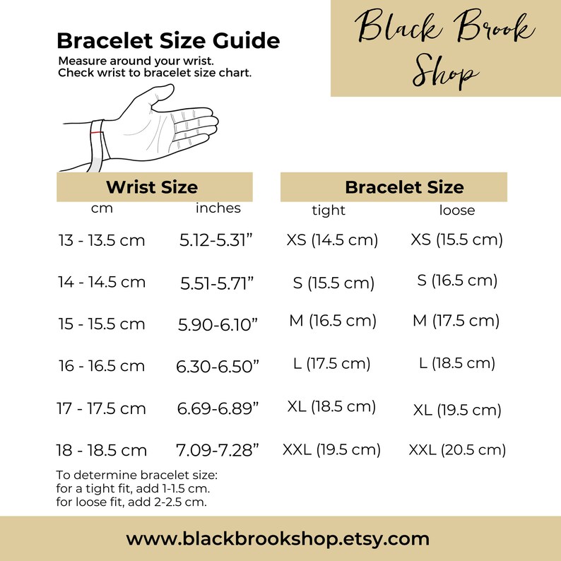 May include: A chart showing bracelet sizes in inches and centimeters. The chart includes wrist sizes from 5.12 to 7.28 inches, or 13 to 18.5 centimeters. The chart also includes bracelet sizes from XS to XXL, with corresponding measurements in centimeters.