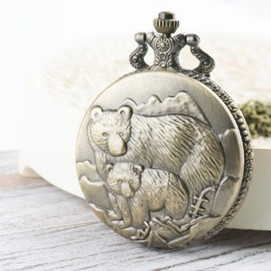 Bears Bronze Pocket Watch Long Necklace / Unique Watches / Nature Inspired Jewelry / Large Pocket Watch
