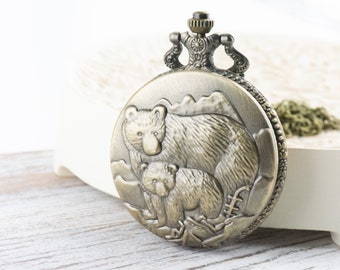 Bears Bronze Pocket Watch Long Necklace / Unique Watches / Nature Inspired Jewelry