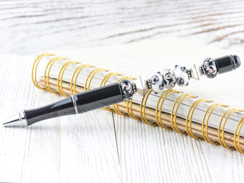 Black and White Beaded Metal Ballpoint Pen with Lampwork Glass Beads • Refillable image 2