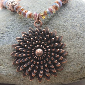 Aqua Bronze, Daisy Necklace, Flower Pendant, Copper Chain, Toggle Clasp Necklace, Handmade Beaded Jewelry