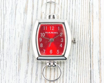 Red Dial Silvertone Square Rectangle Watch Face • DIY Beading Watch • Jewelry Making • Analog • Loops and Battery Included