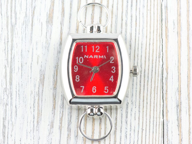 Red Dial Silvertone Square Rectangle Watch Face • DIY Beading Watch • Jewelry Making • Analog • Loops and Battery Included image 1