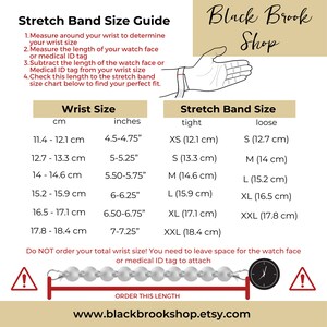 May include: A size guide for stretch bands, featuring wrist size measurements in inches and centimeters. The chart includes sizes from XS to XXL, with corresponding measurements. The guide also includes instructions and a warning about ordering the correct length. The Black Brook Shop logo is visible.