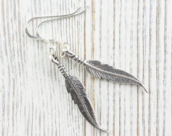 Feather .925 Sterling Silver Earrings • Nature-Themed Boho Minimalist Jewelry • Hypoallergenic Cute Dainty Drop Earrings