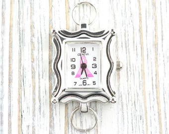 Pink Ribbon Silvertone Square Watch Face • White Dial • DIY Beading Watch • Jewelry Making • Analog • Loops and Battery Included