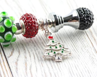 Christmas Tree Charm Beaded Metal Ballpoint Pen with Lampwork Glass Beads • Black Ink (Extra Refill)