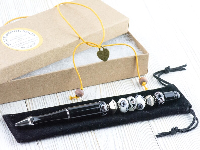 Black and White Beaded Metal Ballpoint Pen with Lampwork Glass Beads • Refillable image 8