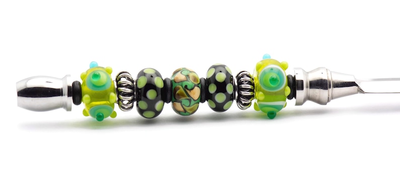 Green Dotted Glass Beaded Silver Letter Opener • Paper Knife • Desk Accessory image 1